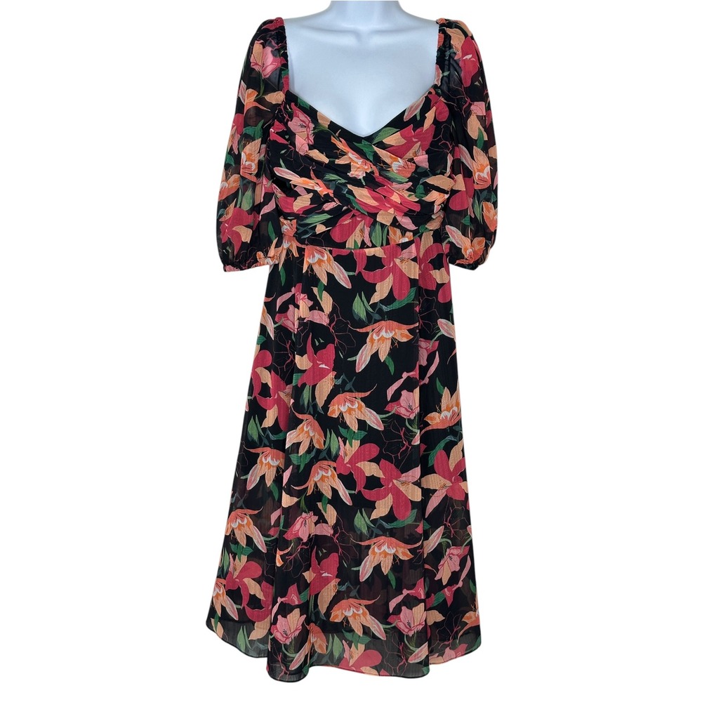 La Maison Talulah Midi Dress Medium Black Floral Metallic Puff Sleeve Romantic